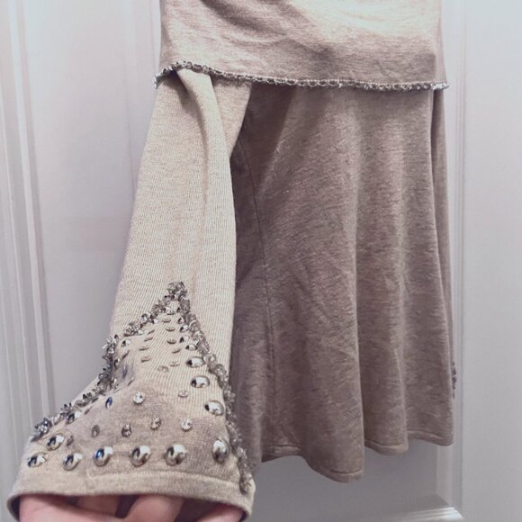 Colour Works-Women's Tan/Cream/Crystals/Beads/Studs Sweater-Off Shoulder-Festive - Picture 6 of 14